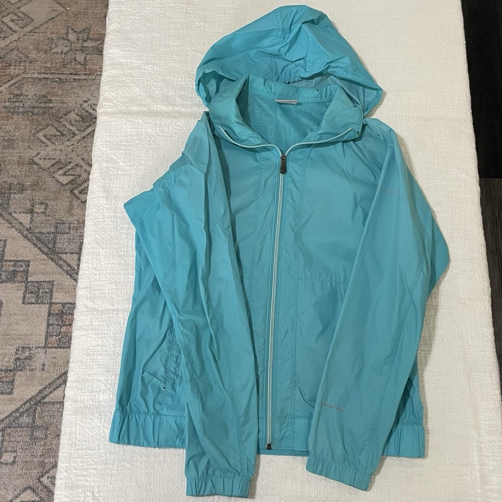 Columbia Windbreaker Light‎ Blue Teal Hooded  Jacket Women's Medium Coat